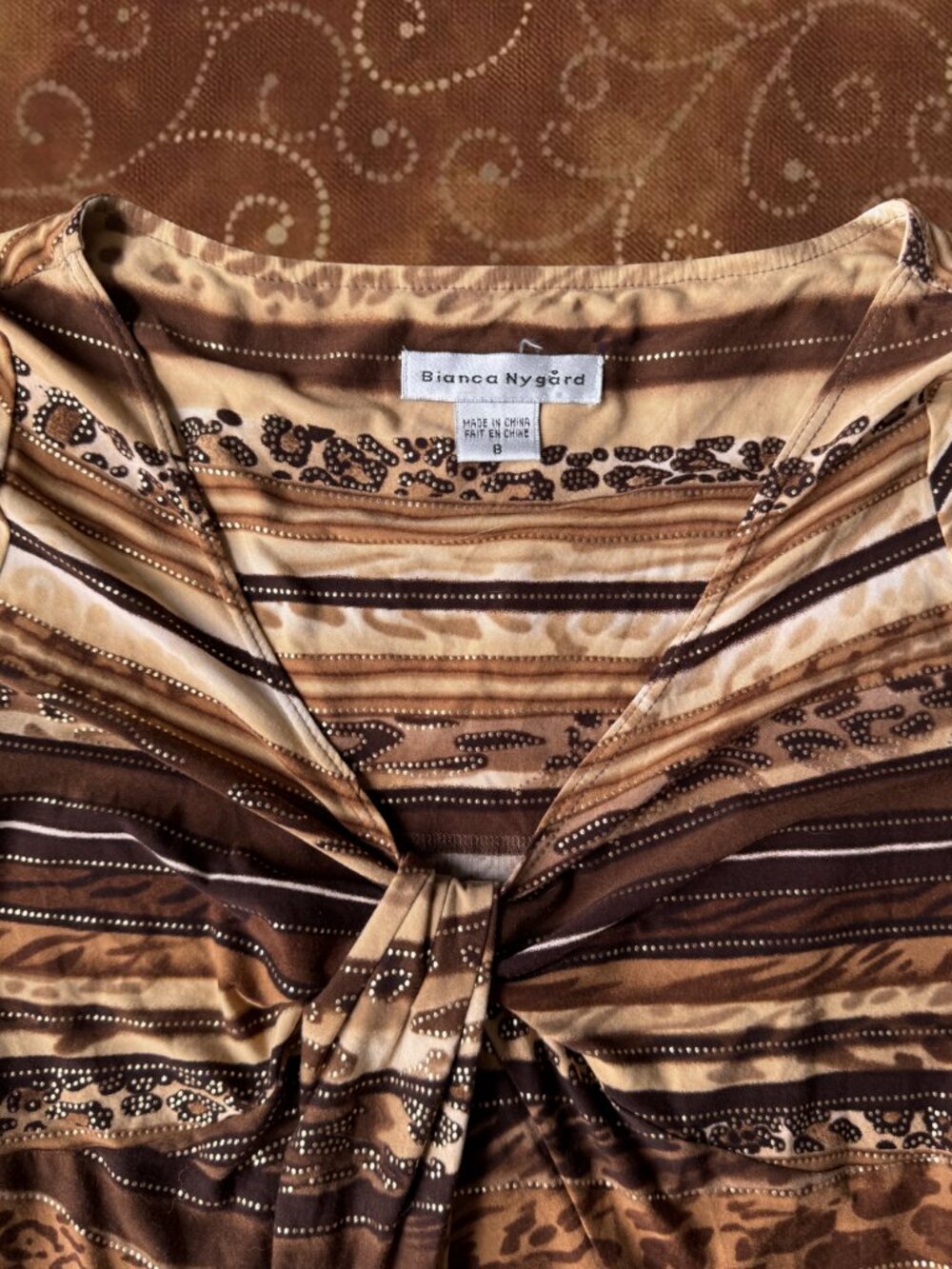VINTAGE Brown Animal Print Knot Front Top Bianca Nygard Cap Sleeve Blouse Top - Picture 3 of 3
